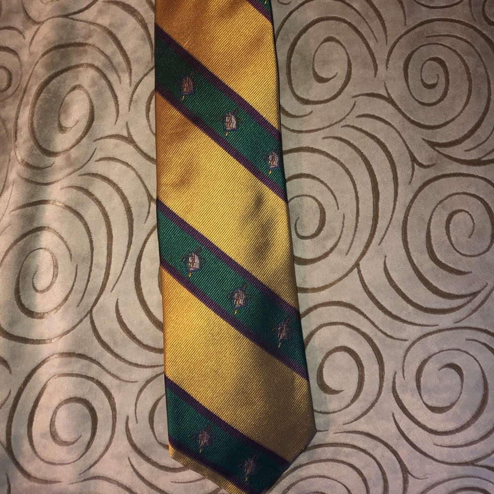 Gold and green and purple rep striped tie. Boutique style 100% silk. NEW